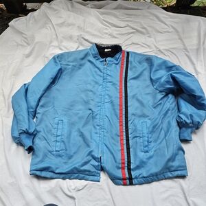 Blue Bomber Jacket with Red and Black Stripe Vintage Rare Lined
